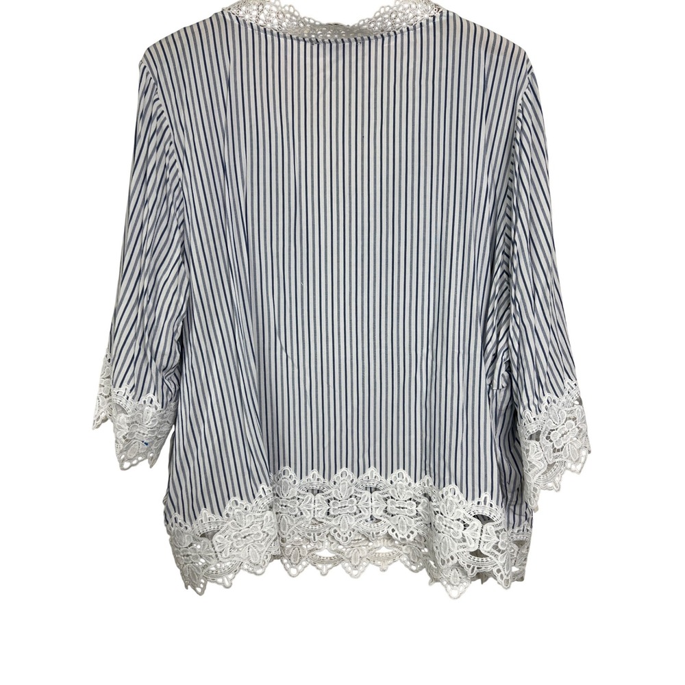 Chelsea & Theodore Blouse Women 3X Blue Striped Lace Trim Boho Peplum Top F10 - Picture 2 of 12